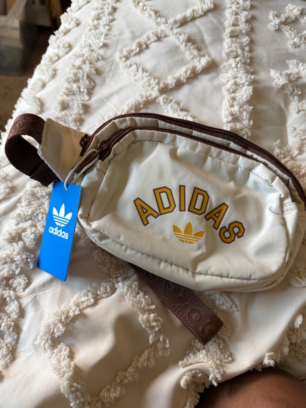 adidas Cream and Brown Logo Waist Bag with Yellow Accents